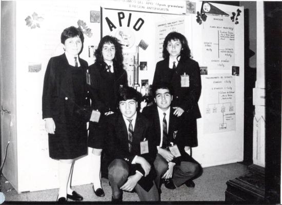 Proyecto “Estudio químico del apio”, 3ero medio. Colegio Eagle School, Antofagasta, 1989. Colección Archivo Patrimonial FCNJ.