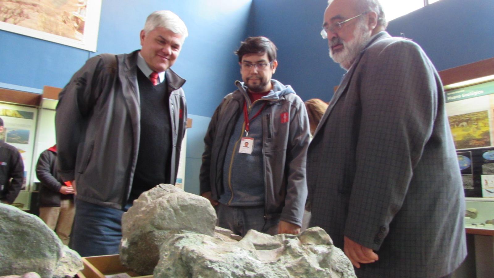  Claudio Gómez, director del MNHN, David Rubilar, Jefe del Área de Paleontología del MNHN, y Mario Pereira, director de Sernageomin, observando al Chilesaurus.