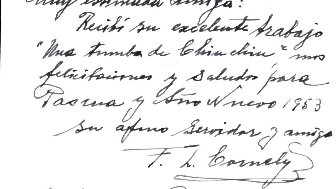 Tarjeta navideña (reverso) de Francisco Cornely a Grete Mostny. (Archivo Histórico Administrativo MNHN). Tarjeta navideña (reverso) de Francisco Cornely a Grete Mostny. (Archivo Histórico Administrativo MNHN).