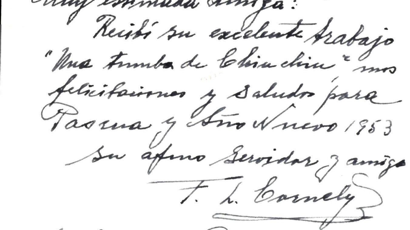 Tarjeta navideña (reverso) de Francisco Cornely a Grete Mostny. (Archivo Histórico Administrativo MNHN).