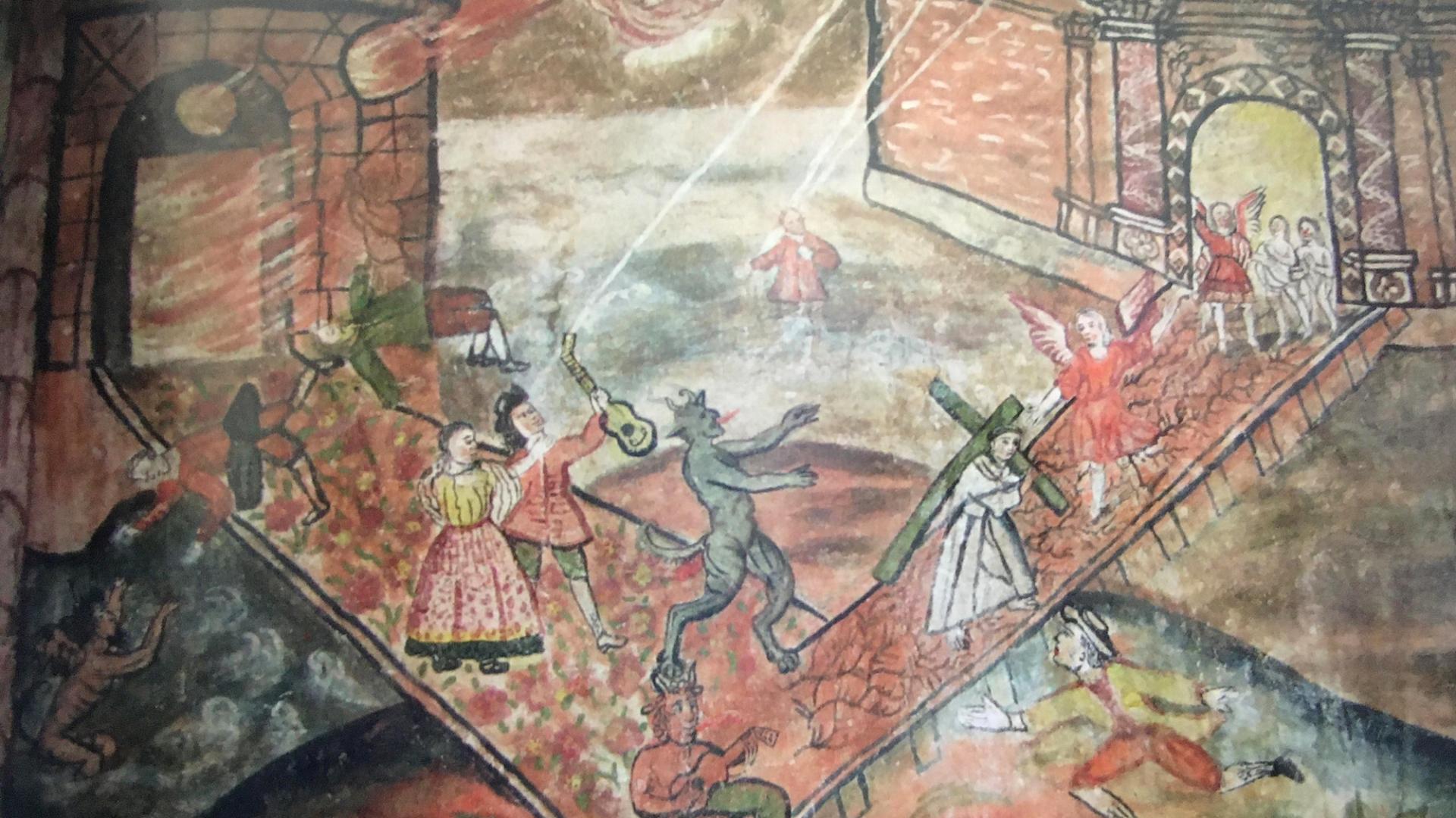 El camino al cielo y el infierno. Mural en el convento de la Merced, Cuzco, siglo XVIII (Cohen 2016). El camino al cielo y el infierno. Mural en el convento de la Merced, Cuzco, siglo XVIII (Cohen 2016).