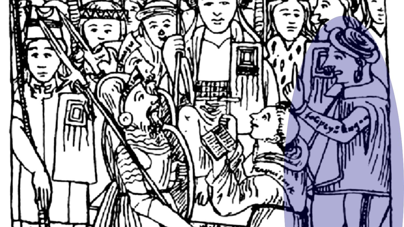 Así Felipe Guaman Poma de Ayala representó el encuentro de Cajamarca. Al medio está Atahualpa y a sus pies Francisco Pizarro (izquierda) y fray Vicente Valverde (derecha). De pie, a su derecha, está Felipillo. Así Felipe Guaman Poma de Ayala representó el encuentro de Cajamarca. Al medio está Atahualpa y a sus pies Francisco Pizarro (izquierda) y fray Vicente Valverde (derecha). De pie, a su derecha, está Felipillo.