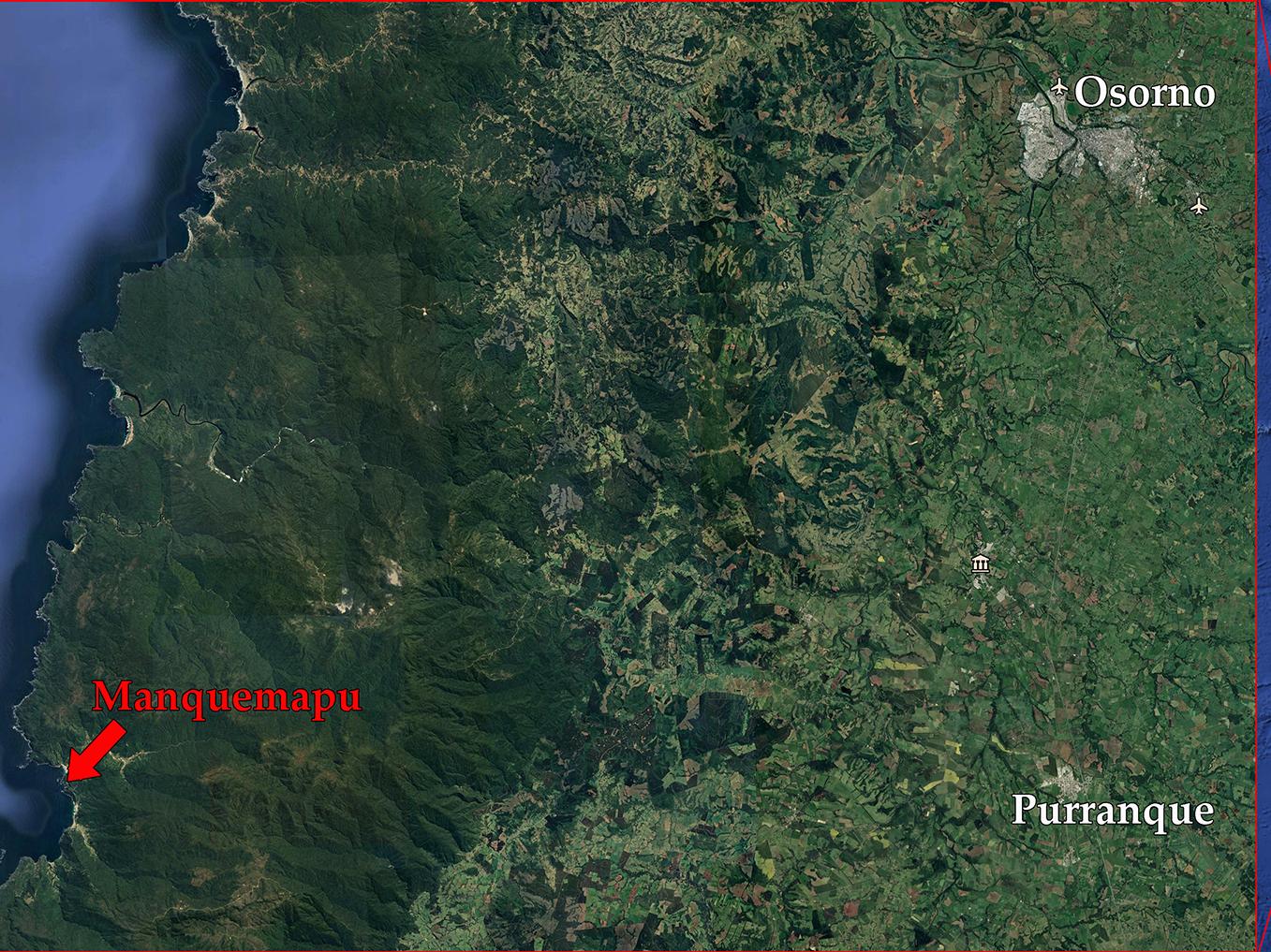 Figura 1: Ubicación de la localidad de estudio. Manquemapu se encuentra en la costa de la comuna de Purranque, al suroeste de la ciudad de Osorno, región de Los Lagos. Mapa