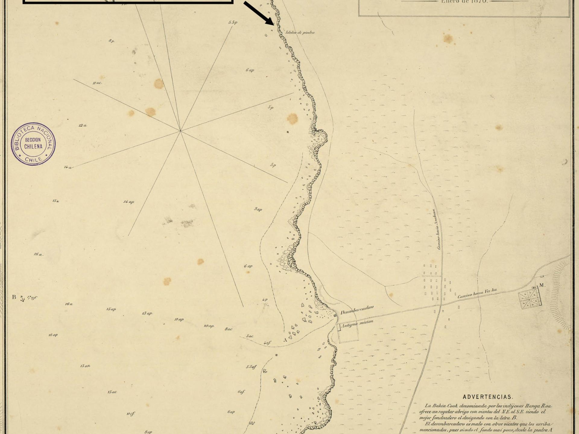Mapa de Hanga Roa elaborado por la expedición de la corbeta O’Higgins. Se aprecia en el recuadro la ubicación de unos “ídolos de piedra”. Mapa de Hanga Roa elaborado por la expedición de la corbeta O’Higgins. Se aprecia en el recuadro la ubicación de unos “ídolos de piedra”.