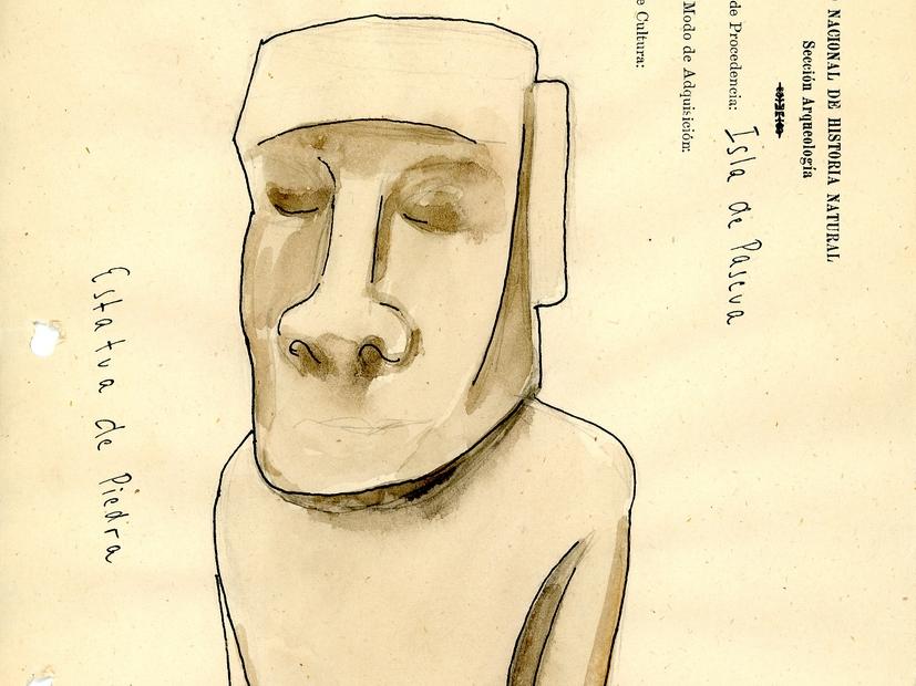 Ficha de registro del moái del MNHN, con dibujo realizado por Grete Mostny en la década de 1950. Su número de inventario es el 3028. Ficha de registro del moái del MNHN, con dibujo realizado por Grete Mostny en la década de 1950. Su número de inventario es el 3028.