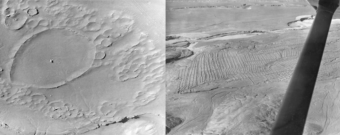 Figura 1: Vista aérea de la aldea de Guatacondo y sus campos de cultivo prehispánicos tomada por De Bruyne en 1963. Figura 1: Vista aérea de la aldea de Guatacondo y sus campos de cultivo prehispánicos tomada por De Bruyne en 1963.
