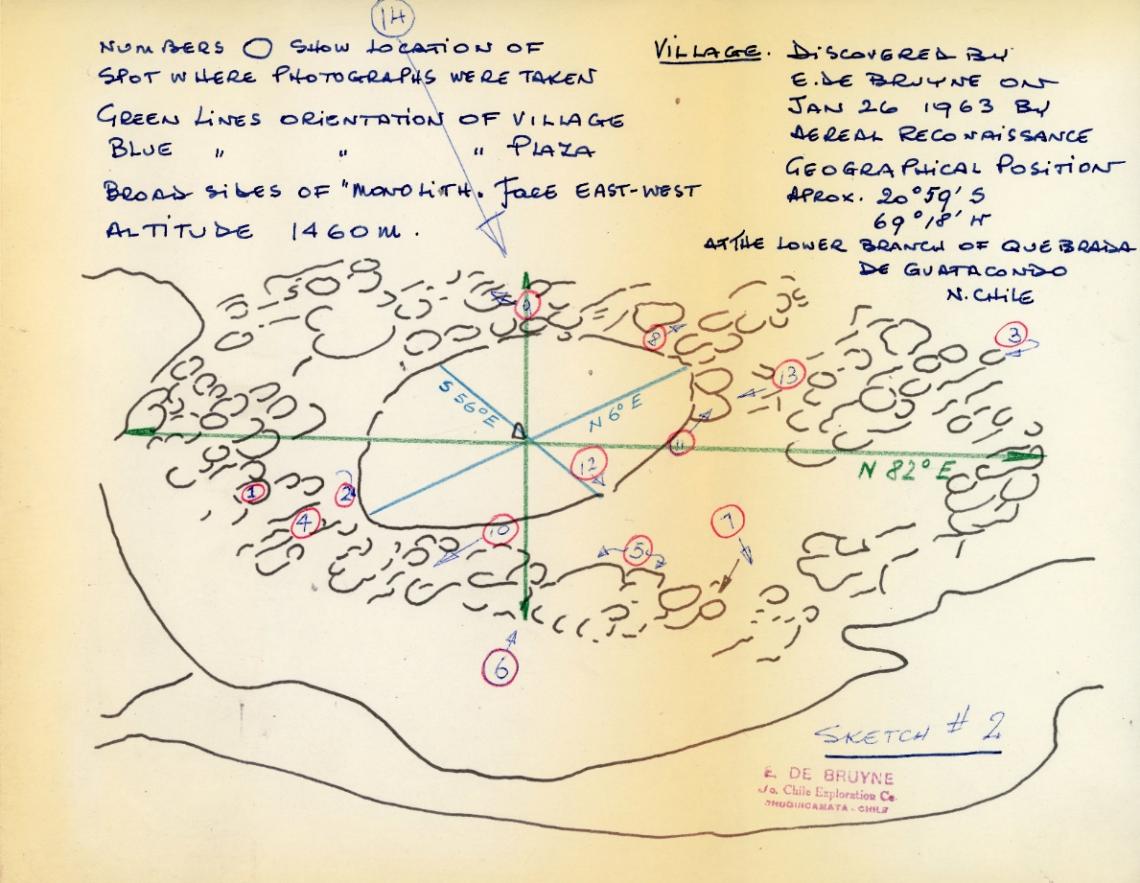 Figura 2: Primer croquis de la aldea de Guatacondo dibujado por Emil De Bruyne en 1963. Figura 2: Primer croquis de la aldea de Guatacondo dibujado por Emil De Bruyne en 1963.