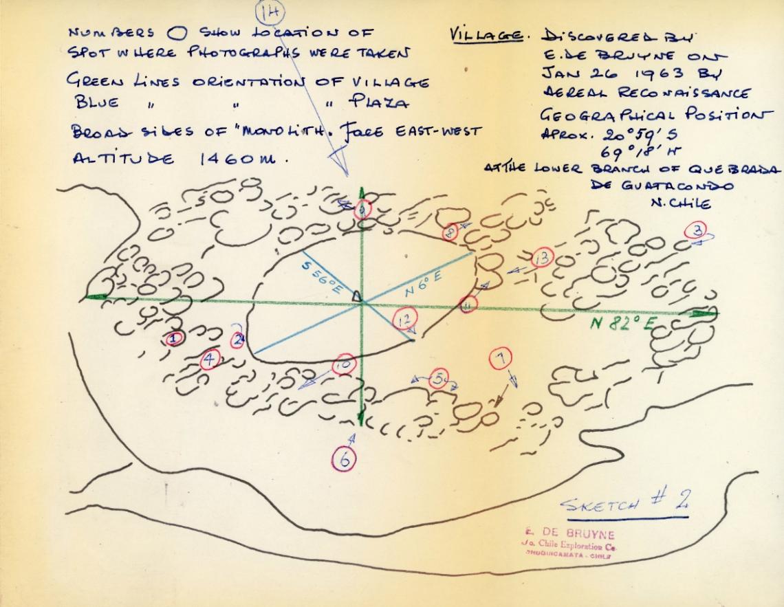 Figura 2: Primer croquis de la aldea de Guatacondo dibujado por Emil De Bruyne en 1963.