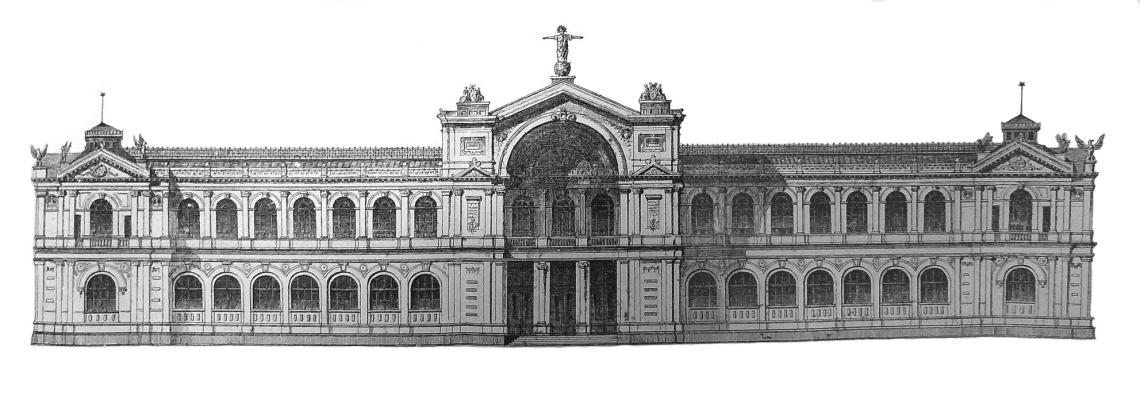 Figura 3: Proyecto de la fachada original del Palacio de la Exposición publicado en 1874 en el Boletín de la Sociedad Nacional de Agricultura.