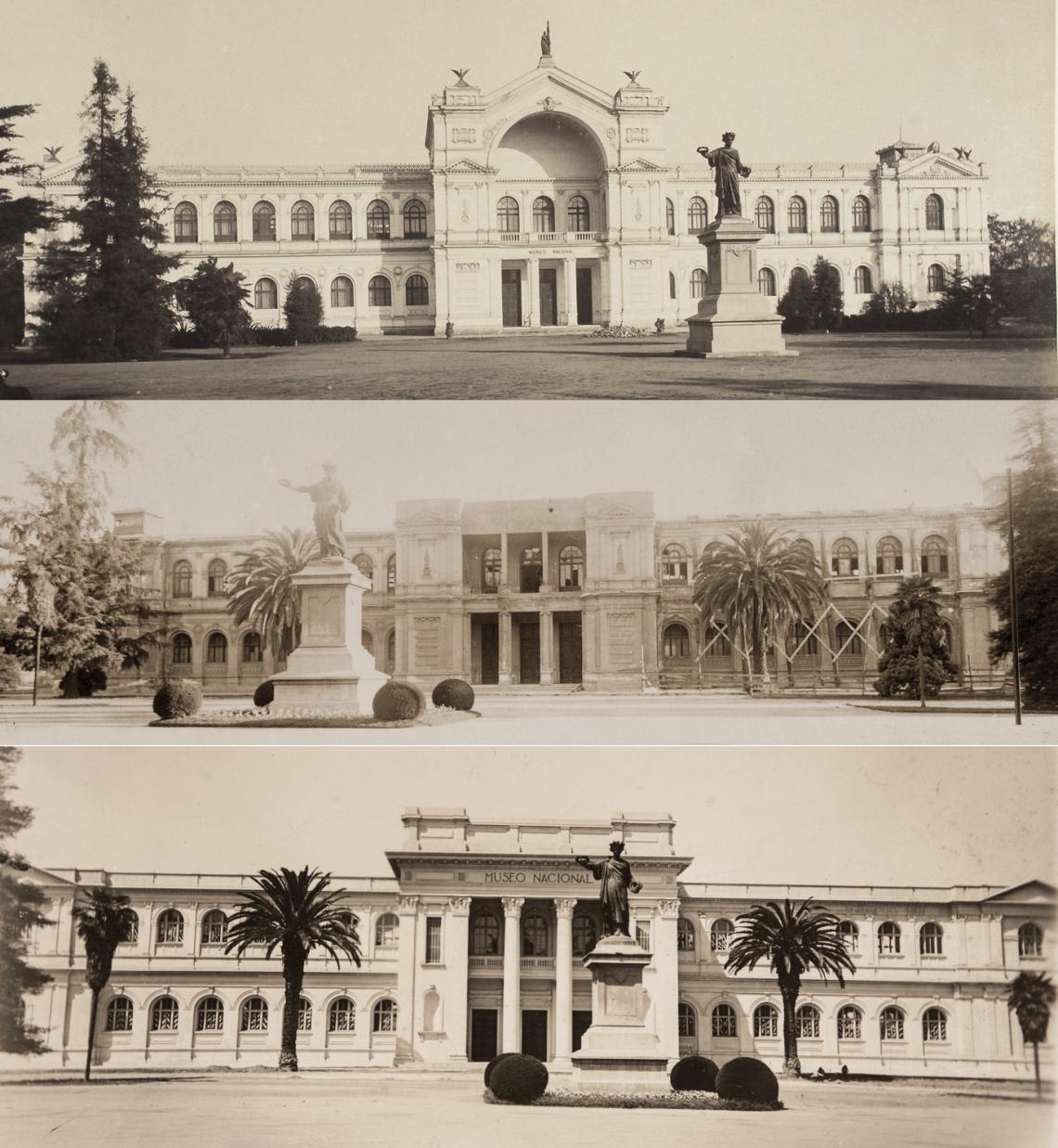 Figura 5: Vista de la transformación de la facha del Museo hasta su estado actual: Arriba, fachada original con un gran arco central y ornamentaciones; al centro, proceso de demolición y reconversión dela fachada; abajo, fachada actual con las dos grandes columnas centrales que reemplazaron el arco original. Figura 5: Vista de la transformación de la facha del Museo hasta su estado actual: Arriba, fachada original con un gran arco central y ornamentaciones; al centro, proceso de demolición y reconversión dela fachada; abajo, fachada actual con las dos gr