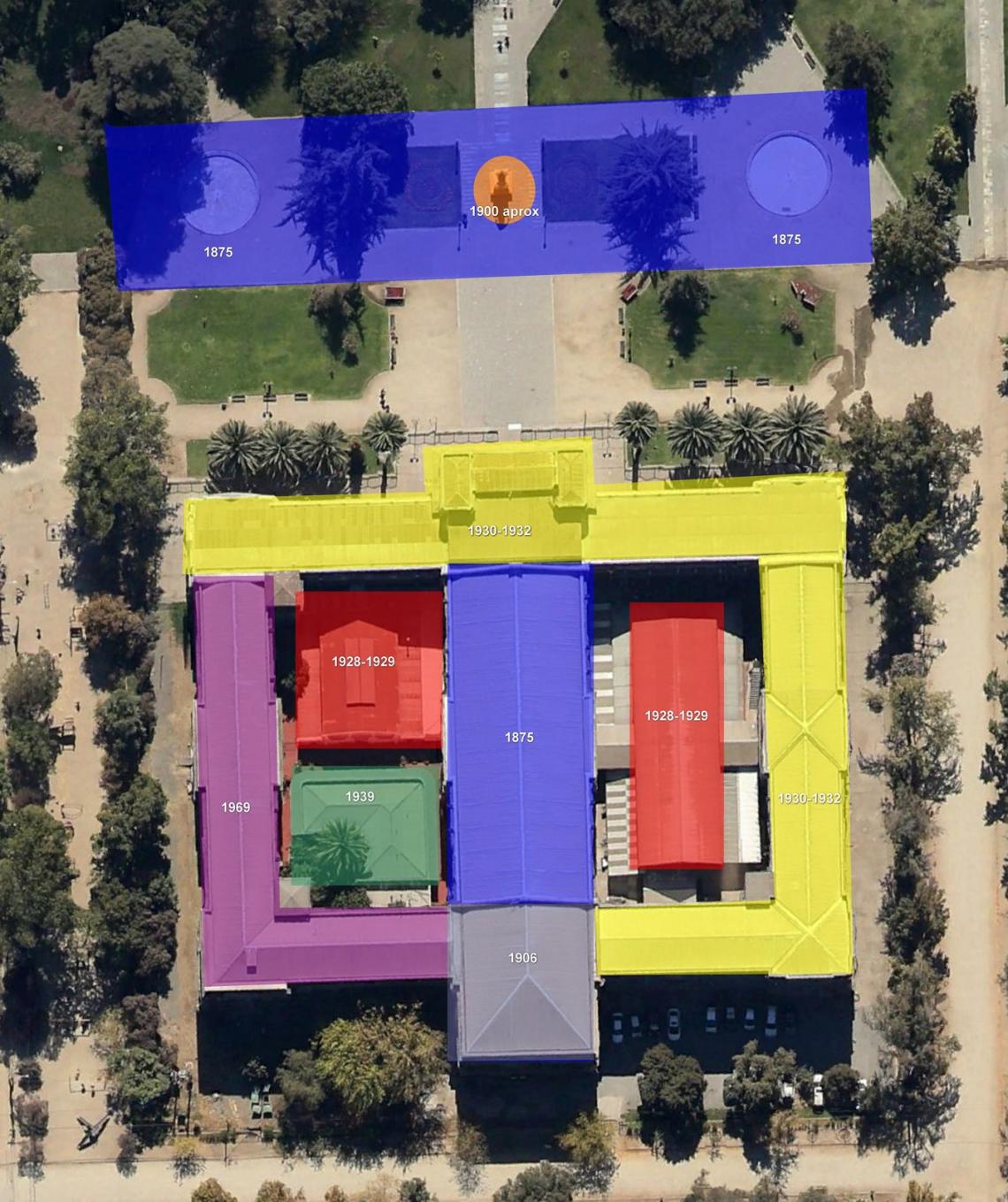 Figura 6: Mapa esquemático de las diversas épocas en que fueron construidas o remodeladas cada una de las secciones presentes actualmente en el edificio del Museo Nacional de Historia Natural. Figura 6: Mapa esquemático de las diversas épocas en que fueron construidas o remodeladas cada una de las secciones presentes actualmente en el edificio del Museo Nacional de Historia Natural.