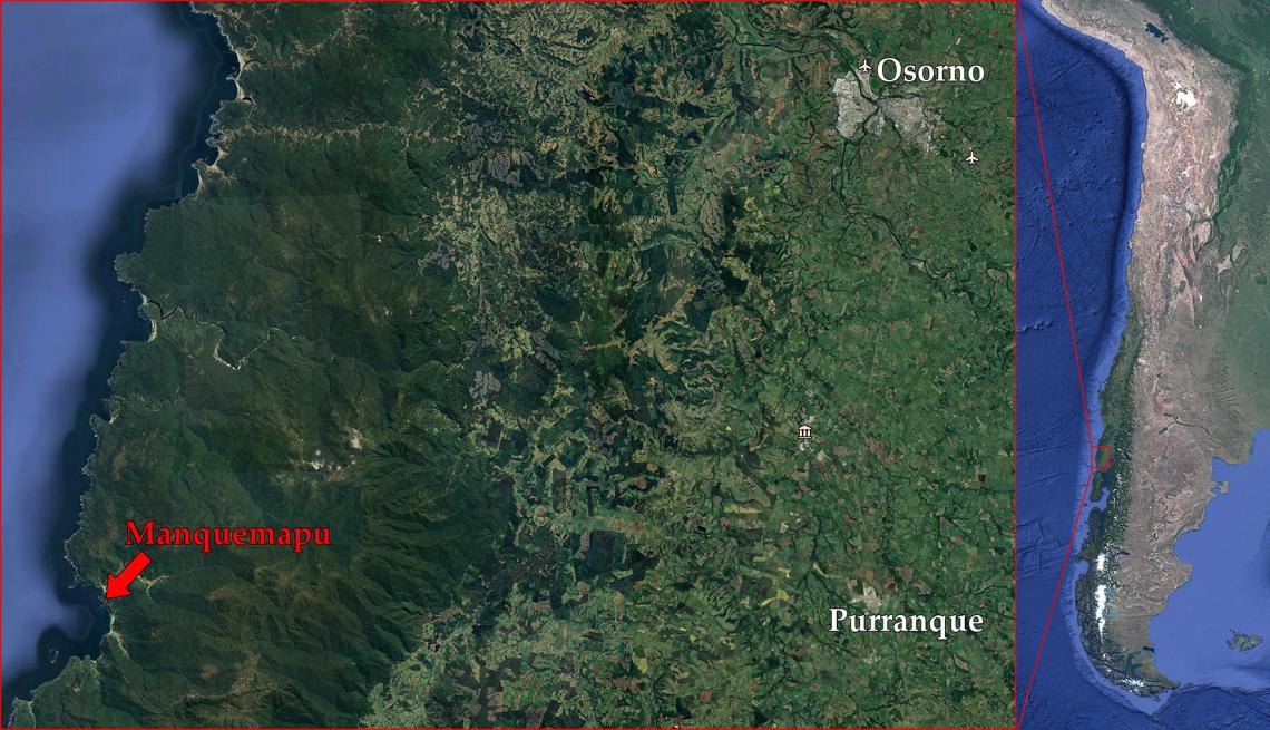 Figura 1: Ubicación de la localidad de estudio. Manquemapu se encuentra en la costa de la comuna de Purranque, al suroeste de la ciudad de Osorno, región de Los Lagos. Mapa