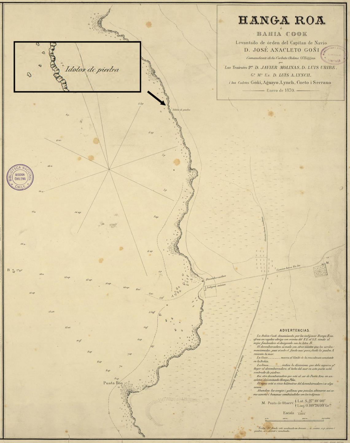 Mapa de Hanga Roa elaborado por la expedición de la corbeta O’Higgins. Se aprecia en el recuadro la ubicación de unos “ídolos de piedra”.