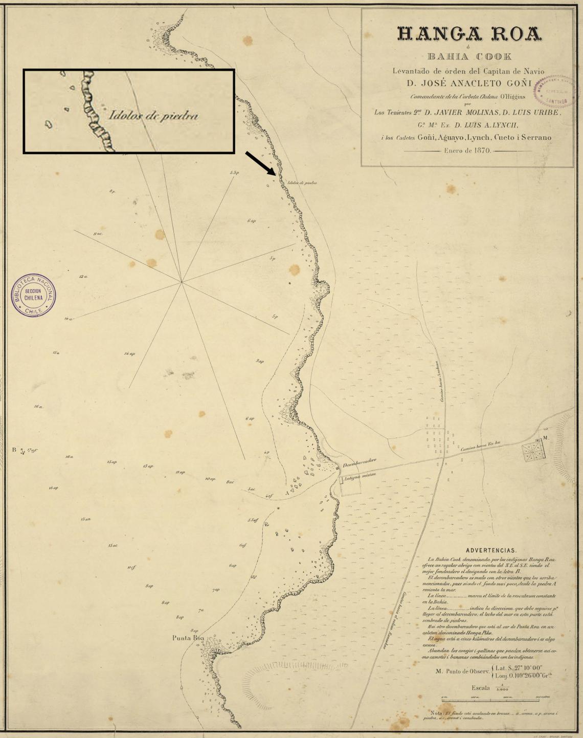 Mapa de Hanga Roa elaborado por la expedición de la corbeta O’Higgins. Se aprecia en el recuadro la ubicación de unos “ídolos de piedra”. Mapa de Hanga Roa elaborado por la expedición de la corbeta O’Higgins. Se aprecia en el recuadro la ubicación de unos “ídolos de piedra”.