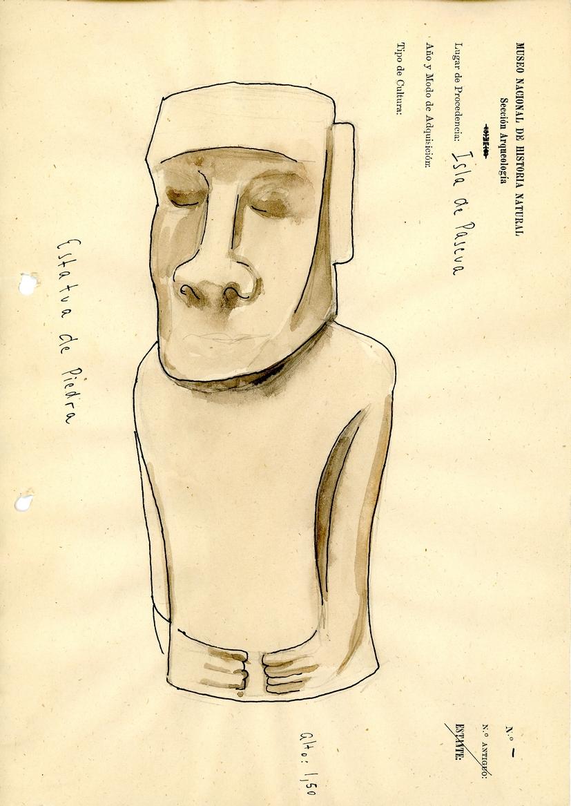 Ficha de registro del moái del MNHN, con dibujo realizado por Grete Mostny en la década de 1950. Su número de inventario es el 3028. Ficha de registro del moái del MNHN, con dibujo realizado por Grete Mostny en la década de 1950. Su número de inventario es el 3028.
