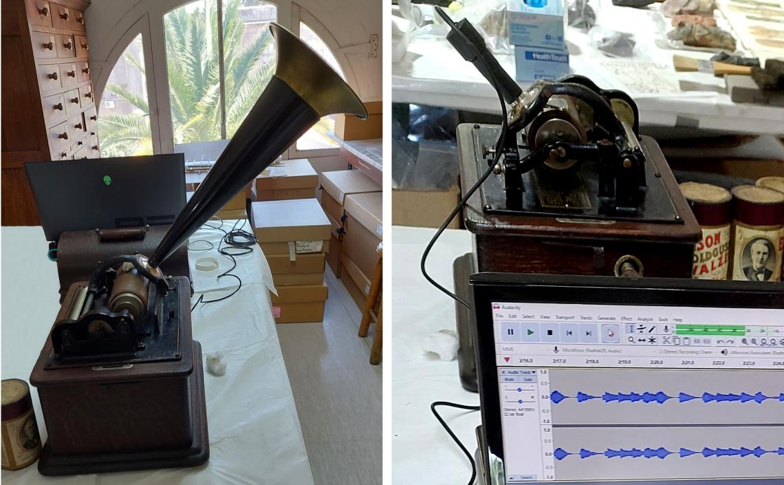 Vista de fonógrafo Edison Standard y del proceso de digitalización. Vista de fonógrafo Edison Standard y del proceso de digitalización.