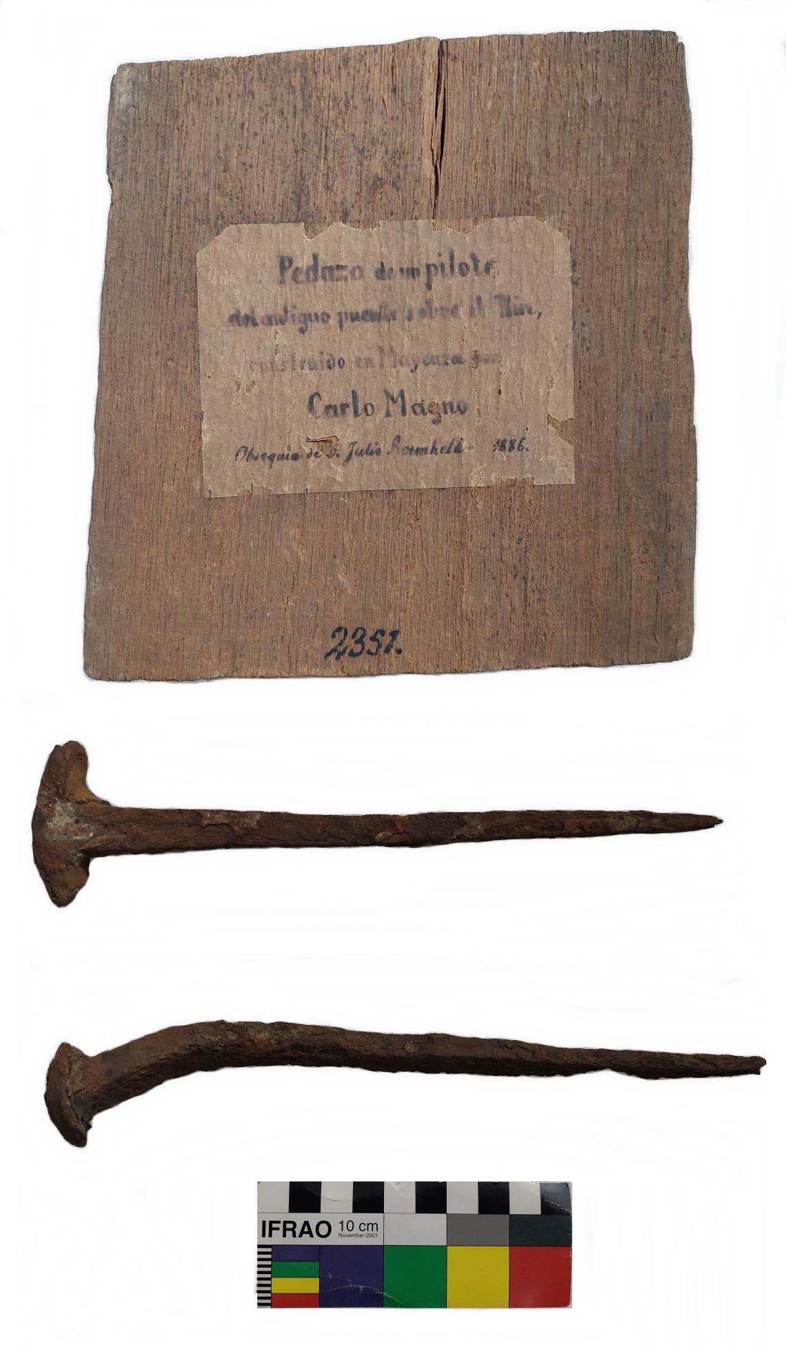 Figura 3: Fragmento de pilote y clavos que habrían pertenecido al puente de Carlomagno sobre el Rin. Colección MNHN, donados por Julio Roemheld en 1886.