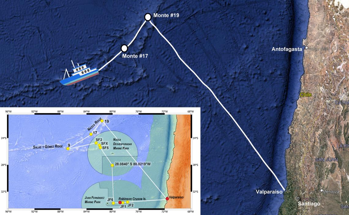 Figura 1: La ruta que ha seguido hasta ahora el buque R/V Falkor (Too), rumbo al monte #10 luego de visitar los montes #19 y #17. El detalle muestra todos los montes submarinos que serán visitados durante el crucero y la ruta de regreso a Valparaíso. Figura 1: La ruta que ha seguido hasta ahora el buque R/V Falkor (Too), rumbo al monte #10 luego de visitar los montes #19 y #17. El detalle muestra todos los montes submarinos que serán visitados durante el crucero y la ruta de regreso a Valparaíso.