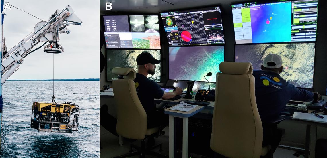 Figura 2: A, El ROV Subastian poco antes de sumergirse a las profundidades (créditos: Misha Vallejo Prut - Schmidt Ocean Institute). B, la sala de control de Subastian, desde donde se transmiten las inmersiones Figura 2: A, El ROV Subastian poco antes de sumergirse a las profundidades (créditos: Misha Vallejo Prut - Schmidt Ocean Institute). B, la sala de control de Subastian, desde donde se transmiten las inmersiones