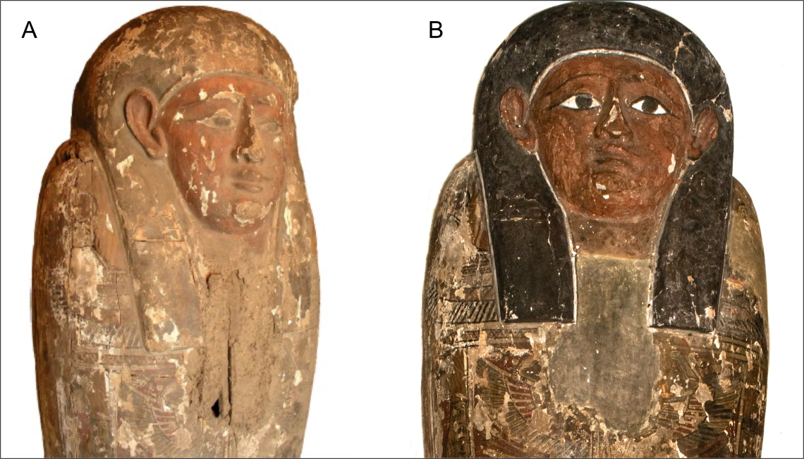 Figura 2. Tercio superior del sarcófago de Panubis antes (A) y después (B) de la intervención realizada para la exhibición de 2009.