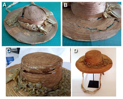Figura 5. Tratamiento de conservación del sombrero de mujer. A. Estado del sombrero al principiar su limpieza. B. Recuperación de la forma del sombrero. C. Aplicación de papel Tissue en zonas faltantes. D. Aspecto del sombrero una vez terminado el tratamiento. sombreros